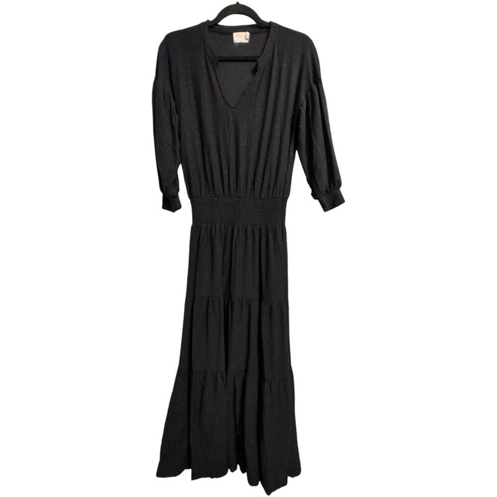 Nation LTD Black Tiered Smocked Boho Peasant Maxi Dress 3/4 Sleeve V Neck Size S